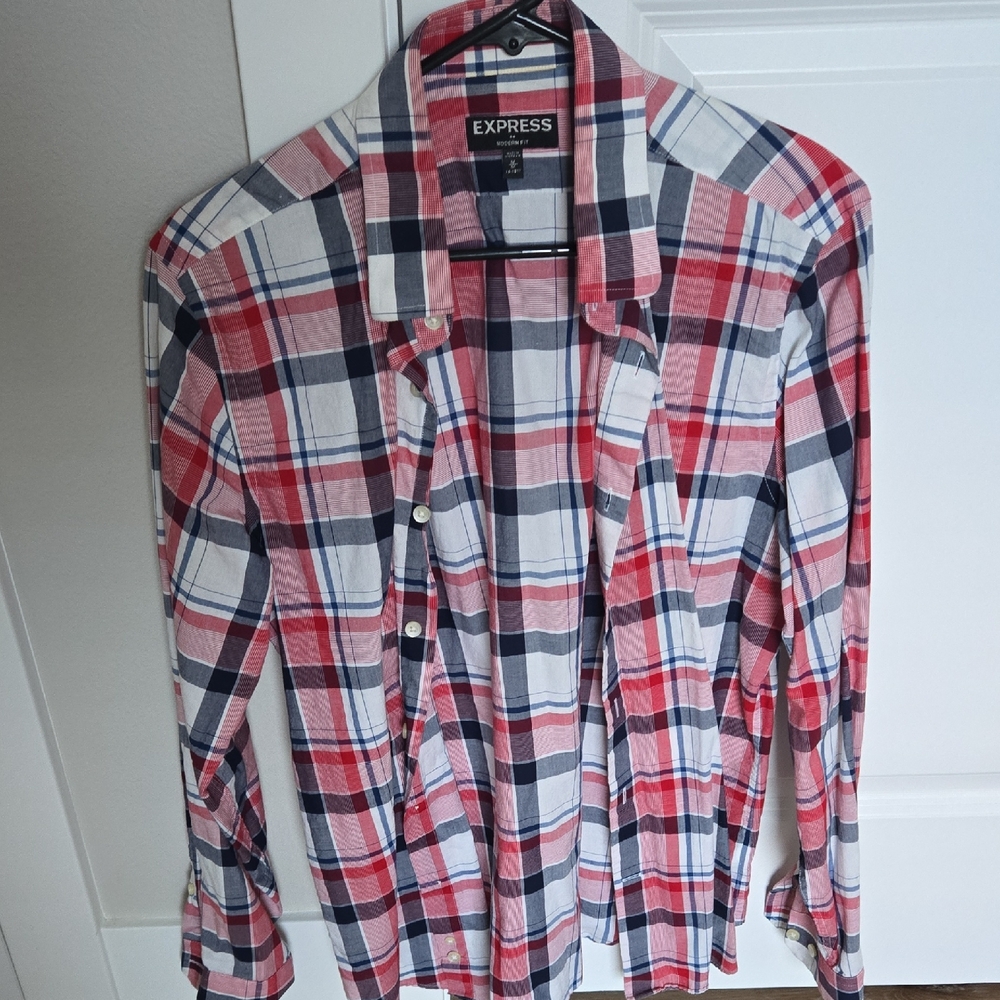Express Men’s Red, White & Navy Plaid Button-Down Shirt